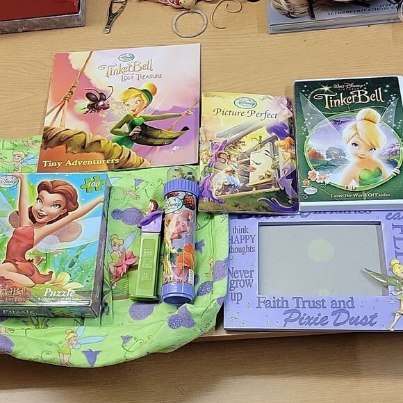 Walt Disney Tinkerbell bundle frame puzzle, dvd, book, kaleidoscope, pez, bag - Picture 1 of 12